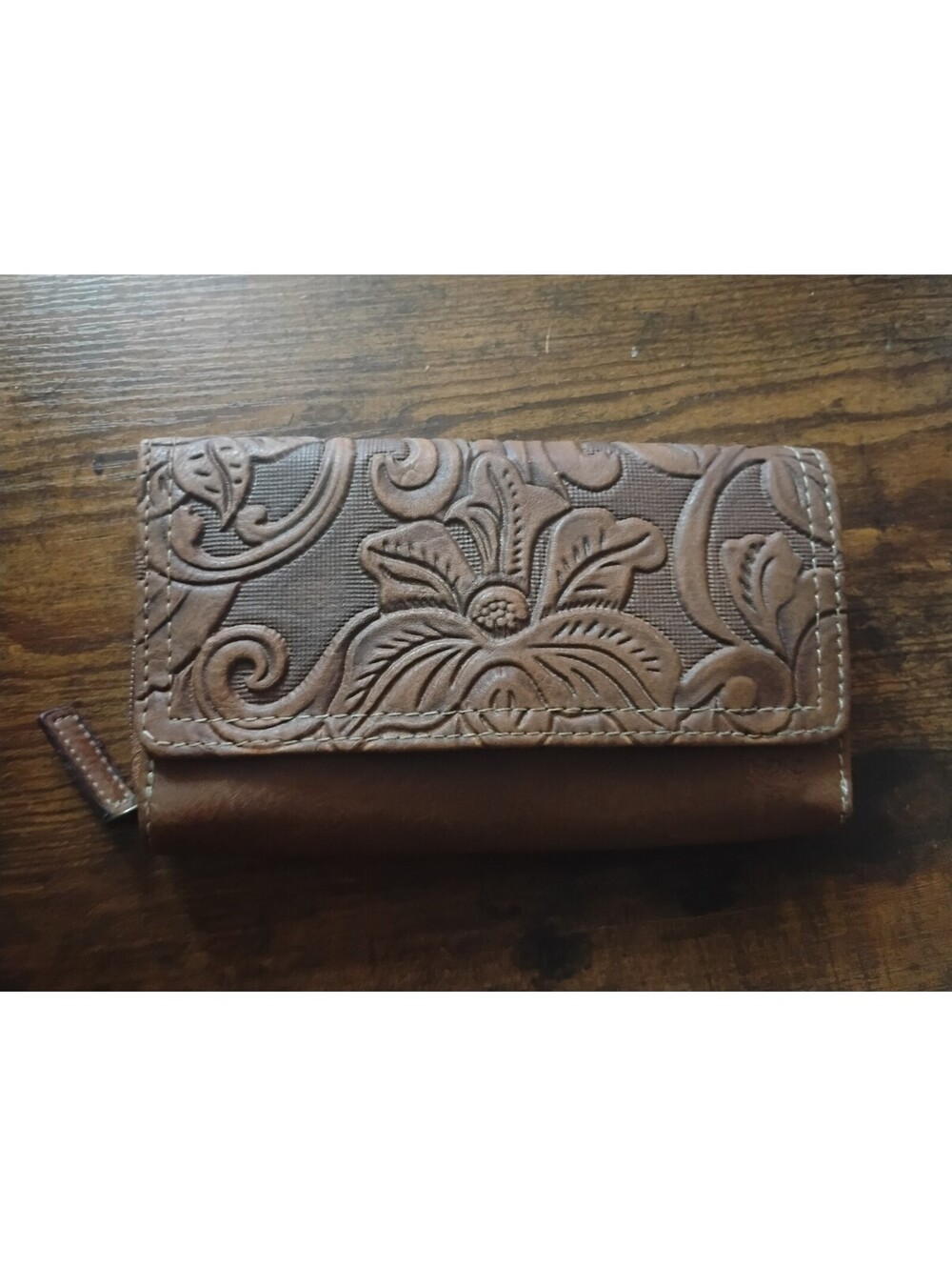 BOC Born Concepts Brown Tooled Floral Faux Leather Wallet Organizer Clutch